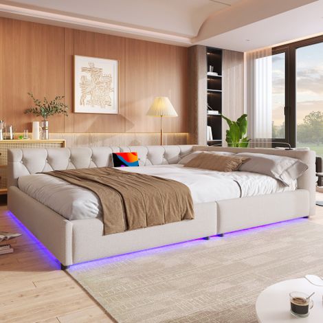 Lit 140x200 cm - LED télécommande, USB/Type-C - tissu en lin beige - sans matelas (1/5)