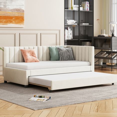 lit adulte couchage convertible 90x200 velours beige OKMYHOME (1/5)
