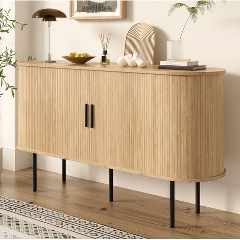 Credenza in MDF 140 x 40 x 78 cm con ante scorrevoli, effetto legno naturale HAVRYA (1/5)