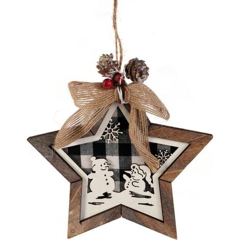 Colgante de estrella de madera de 15 cm con una imagen marrón con muñecos de nieve (1/2)