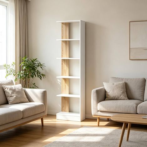 Libreria aperta 45 x 21 x 170 cm, 5 scomparti, bianco e rovere OKMYHOME (1/5)