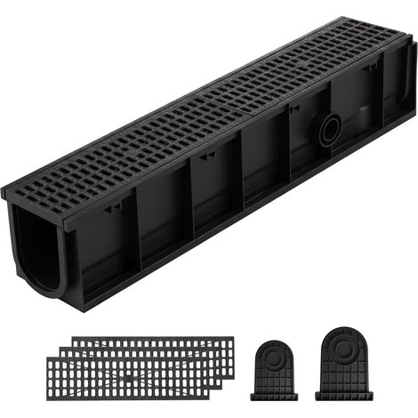 Caniveau de Drainage Linéaire Extérieur 1018x154x202 mm Lot de 4 PEHD, Caniveau avec Grilles et Embouts, Système de Drainage pour Terrasse, Allée, Piscine, Cour, Jardin, Garage et Trottoir, Noir (1/5)
