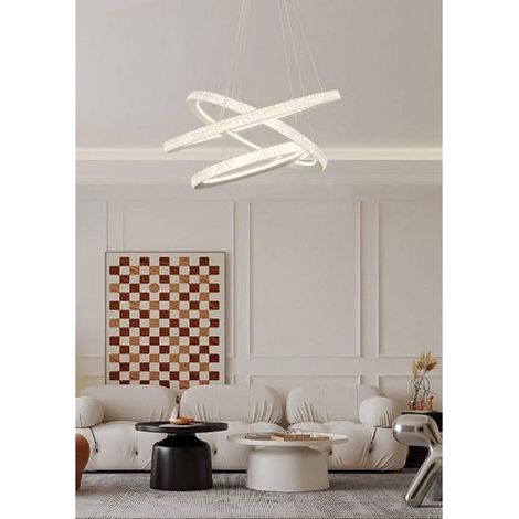 TrAdE Shop Traesio - Lampadario Led 132 W Bianca 3 Anelli Con Cristalli Luce 6500k 3000k 4000k Lp-33b - -Bianco Naturale -