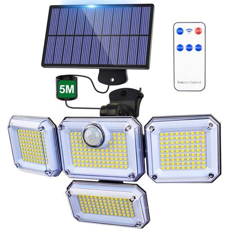 Solaire Lumiere Exterieur Applique Murale Luminaire LED 4 Têtes 333 LEDs Detecteur Mouvement Sécurité Projecteur Eclairage IP65 Etanche [Classe énergétique A+++] Avec Câble (1/5)