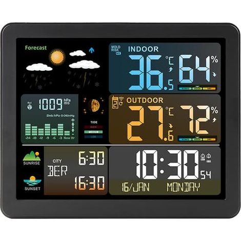 Station météo intelligente FJ3566M avec horloge, température intérieure et extérieure (1/5)