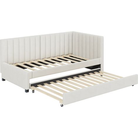Cama tapizada beige 90 x 200 cm con cama nido y somier de láminas (1/5)