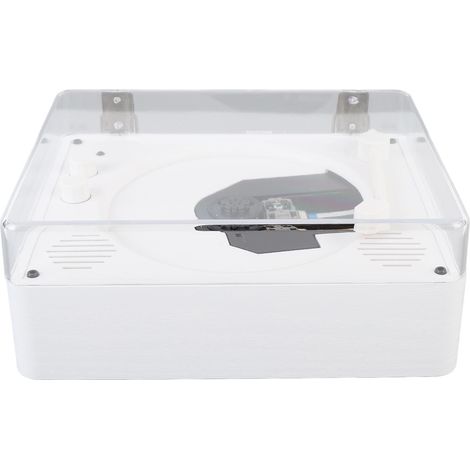 Lecteur CD rétro avec Bluetooth, rechargeable et portable, avec haut-parleurs, télécommande et boîtier transparent blanc. (1/5)