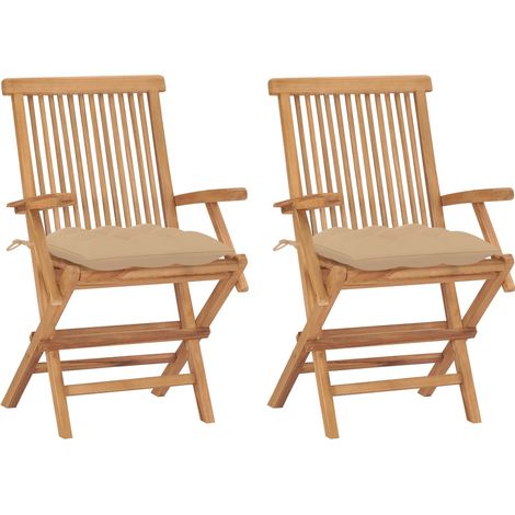 Chaises de jardin avec coussins beige lot de 2 Bois teck massif (1/5)