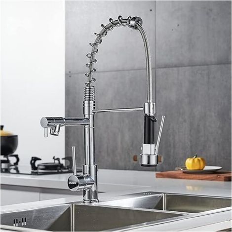 360° swivel kitchen faucet, chrome-plated brass kitchen faucet, dual-spray kitchen mixer tap with silver flexible spray head (1/5)