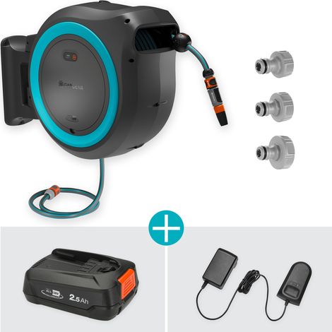 GARDENA Avvolgitubo da parete a batteria PowerRoll XL POWER FOR ALL set: tubo da 35 m, riavvolgimento automatico, batteria e caricatore inclusi (18640-20)