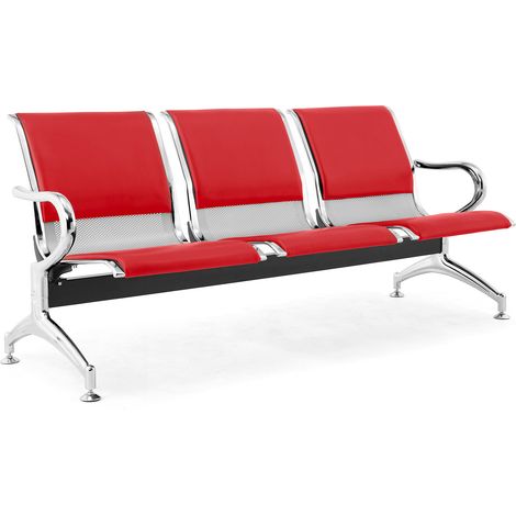 Panca per Sala Attesa 3 Posti da Ufficio con Cuscino in Acciaio e Similpelle Argento/Rosso (1/4)