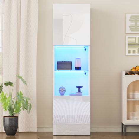 Vitrine 45x35x160 cm blanche en panneaux de particules avec LED, verre trempé et portes de rangement (1/5)