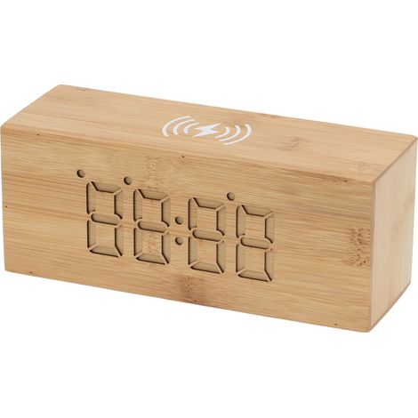 Ornement créatif en bois avec réveil numérique LED silencieux et pratique, chargeur sans fil pour téléphone portable et horloge de table en bambou à commande vocale (1/5)