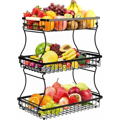 Corbeille à Fruits, 3 Étages en Métal – Panier à Fruits avec Poignées en Bois, Noir, pour Cuisine, Salle de Bain (1/5)