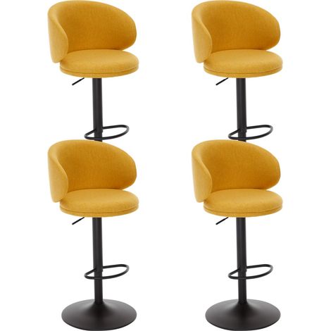 Wahson Lot de 4 tabourets de bar réglables en lin – Coussins épais confortables – Hauteur ajustable 65-86cm – Repose-pieds en métal noir, Jaune