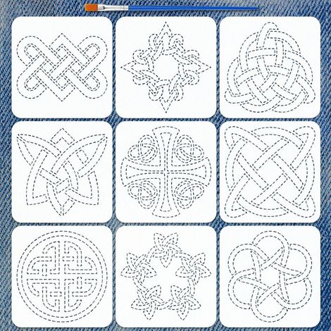 9 Pcs Pochoirs de Broderie Sashiko à Motif Celtique avec Pinceau, Pochoirs Réutilisables de Nœuds Irlandais 20x20cm pour Couture Main Quilting DIY, Décoration de la Maison (1/5)