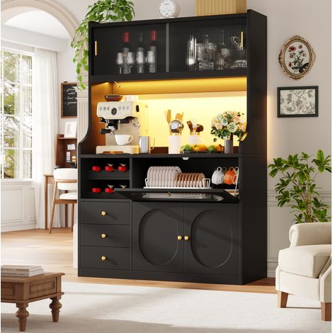 Mueble alto de cocina 120x40x180 cm con LED RGB y puertas correderas de vidrio, negro DESVIAE (1/5)