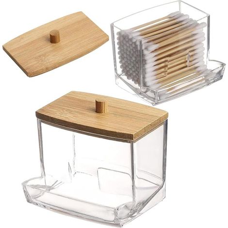 2 Pièces Boite à Coton Tige, Porte Coton Tige, Rangement Cotons Tige en Acrylique avec Couvercles en Bambou, Maquillage Cosmétiques