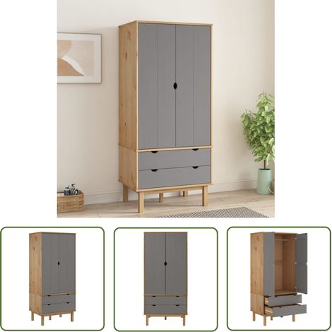 The Living Store Kleiderschrank OTTA Braun&Grau 76,5x53x172 cm Massivholz Kiefer - Holzschränke - Kleiderschrank - Kiefernholzklaederschrank - Skandinavisches Design - Wohnzimmermöbel (1/5)