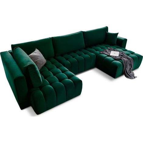 Sofá de esquina BONITA convertible 6 plazas verde oscuro efecto terciopelo – derecho – 350x175cm (1/3)