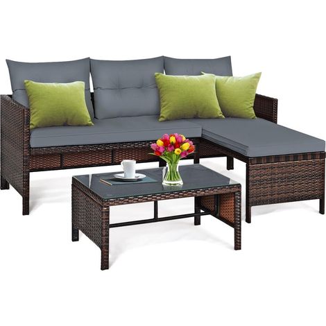 COSTWAY 3PCS Patio Sectional Sofa Set Outdoor Conversation Bistro Set w/Cushion (1/5)