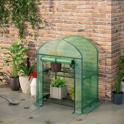 Mini serre de jardin avec 2 étagères métalliques et bâche en PE, serre compacte pour balcon et terrasse 69 x 49 x 91 cm, verte (1/4)
