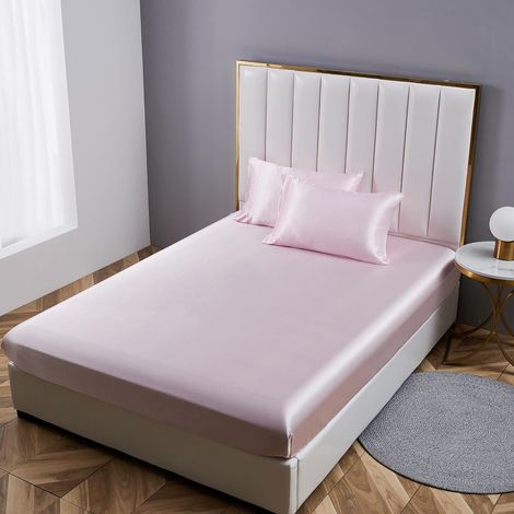 Damier Drap-housse 90 x 200 cm rose satiné brillant - Couleur unie - Convient pour matelas jusqu'à 30 cm, B-rose (1/5)