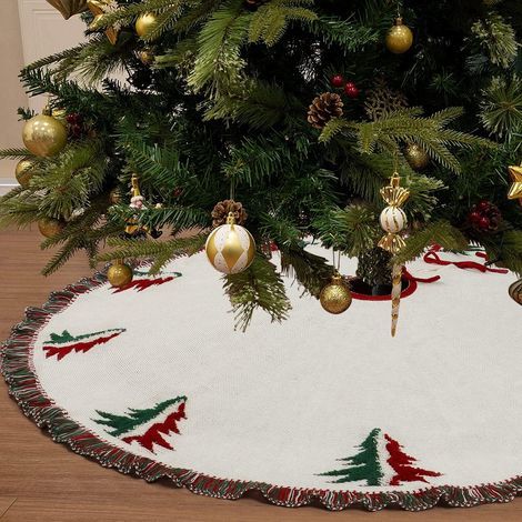 Grande Jupe Sapin de Noël, 122cm Jupe d'arbre Laine Lourde 3D Tricoté avec Pompon Crochet Tapis de Jupe d'arbre Blanc pour Décoration de Maison Fête et des Vacances (1/3)