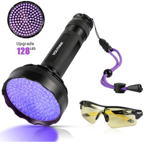 UV-Taschenlampe mit 128 LEDs, Ultraviolett-Schwarzlichtlampe mit Schutzbrille (1/5)