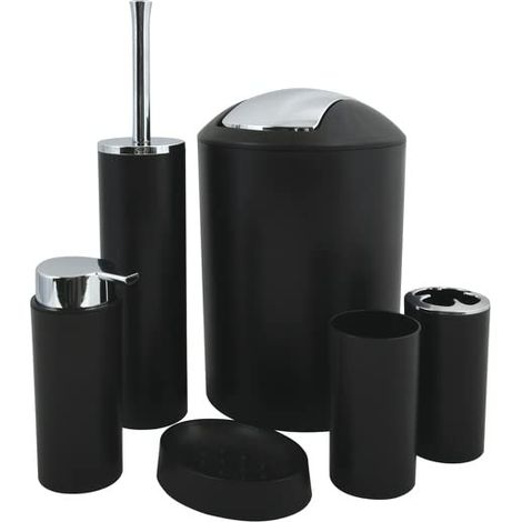 Lot d'Accessoires Salle de Bains Hannah - 6 Pièces en PP - Poubelle, Brosse WC, Distributeur de Savon, Porte Brosse à Dents, Gobelet, Porte Savon - Noir - Design Moderne (1/5)