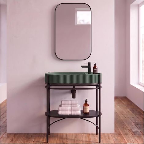 Meuble simple vasque sur pieds 80cm en métal noir et vasque béton et robinet noir et miroir (1/5)