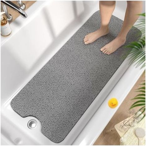 Tapis de Baignoire Antidérapant 100x40cm, Extra Long Tapis de Douche Antiderapant, Loofah en PVC Souple Tapis Antidérapant Baignoire, Séchage Rapide Tapis de Bain, sans Ventouse, Gris (1/4)