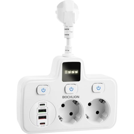 Multiprise avec USB, 2 Prises Multiprises avec Interrupteur Individuel et Lumière, PD20W et QC3.0 Multiprise Electrique Murale Prise Multiple 4 USB (3250W/13A) pour la Maison, Bureau-Blanc (1/5)
