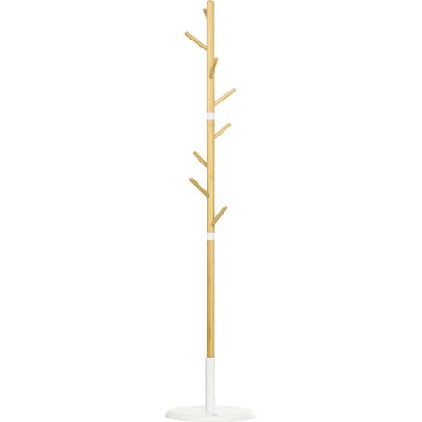 Albero Appendiabiti a 8 Ganci con Base Rotonda in Bambù, Legno e Metallo, Ø37.8x175.6 cm, color Legno e Bianco