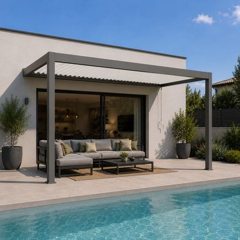 Pergola Bioclimatique Aluminium Adossée Gris 4x3,5 Manuelle S ORIAL France (1/5)