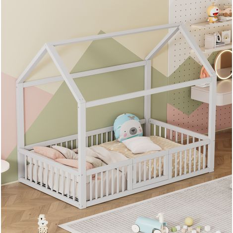 Lit cabane enfant 90 x 200 cm en pin blanc avec barrières de sécurité et portillon (1/5)