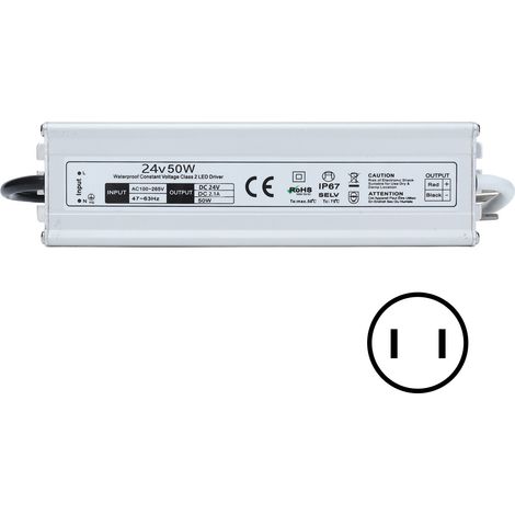 Alimentation LED 50W 24V IP67 étanche, transformateur pour bandes lumineuses, entrée AC100-265V, prise US, sortie 24V DC. (1/5)