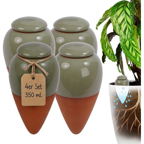 Relaxdays Tonkegel Bewässerung, 4er Set, 350 ml, Gießhelfer mit Deckel, Zimmerpflanzen & Balkonkästen, terrakotta/salbei