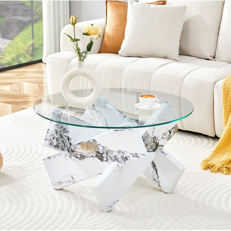 Tavolino da caffè rotondo in MDF e vetro trasparente bianco effetto marmo Ø 79 cm (1/5)