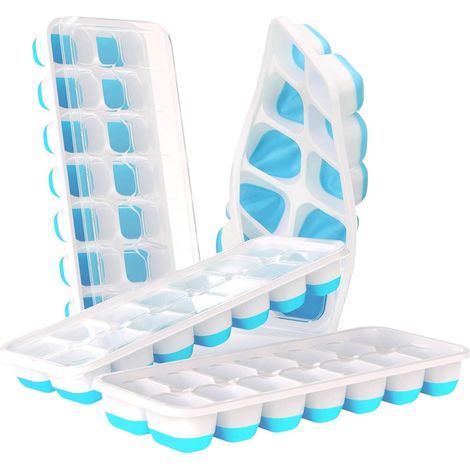 Lot de 4 bacs à glaçons, en silicone souple et facile à démouler, contenant 14 glaçons, avec couvercle amovible anti-déversement, certifiés LFGB et sans BPA, pour cocktails, congélateur, bacs à glaçon