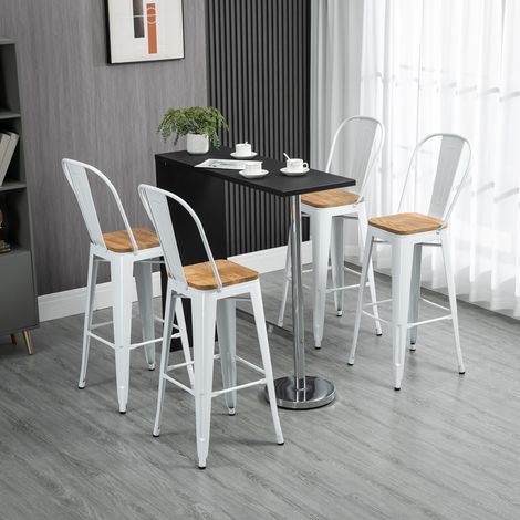 Lot de 4 tabourets de bar industriel avec dossier repose-pied hauteur assise 76 cm métal blanc (1/5)