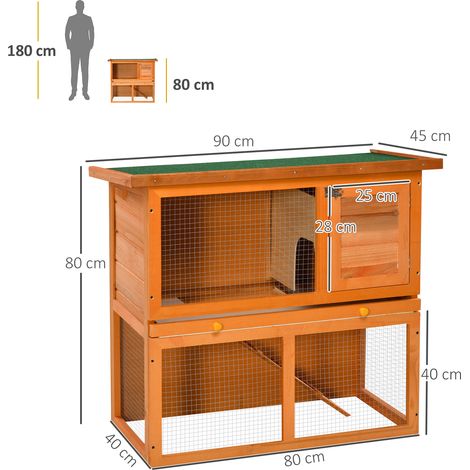 Clapier en bois pour lapins et cochons d'Inde (90 x 45 x 80 cm) avec enclos métallique. toit en asphalte. bac amovible et rampe d'accès pour une utilisation extérieure. Couleur naturelle. (1/5)