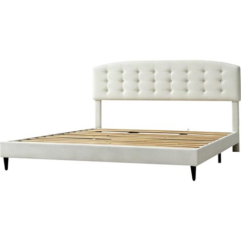 Upholstered Bed Frame with Cozy Button Tufted Headboard & Adjustable Height, Wood Slat Support CHEYENNE SUPER KING BEIGE (1/5)