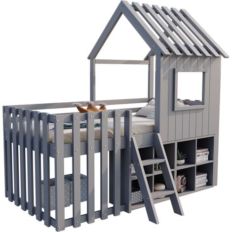 Lit cabane mezzanine enfant 90x200 avec toit, fenêtres, rangement ouvert et échelle, structure en bois gris, gain de place pour chambre d'enfant  CHICFURN (1/5)