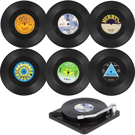 Lot de 6 dessous de verre style vinyle en plastique, avec support, décor rétro (1/5)
