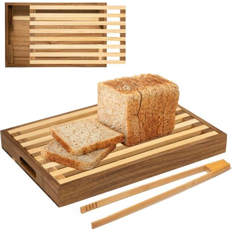 Planche à Pain avec Ramasse Miettes pour Baguettes, Petits Pains Planche à Pain Bois Planche à Pains avec Compartiment, Ramasse Miette Planche à Découper Pain avec Pinces à Griller (1/5)