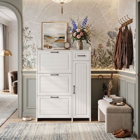Creahappy Meuble à Chaussures Slim 92x24x121 cm - Gain de Place Entrée avec 3 Abattants, 1 Porte et Tiroir - Bois Blanc Contemporain (1/5)