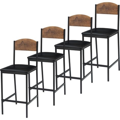 Lot de 4 Chaises de Bar 64 cm, Assise Rembourrée en PU, Dossier Ergonomique et Repose-Pieds, Pieds en Métal, Marron (1/5)