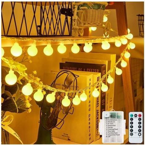 Guirlande Lumineuse Extérieure/Intérieure 6 m, 40 LED Étanches, Alimentée par Piles, 8 Modes + Télécommande avec Minuterie, Blanc Chaud (1/5)