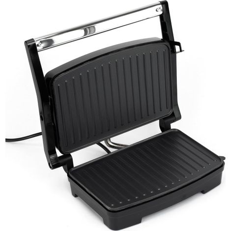 Panini Électrique 1000W avec Revêtement Antiadhésif, Poignée Cool Touch, Voyant Lumineux, Pieds Antidérapants, Format Compact 28x22,5x8,8 cm, Inox, Noir (1/5)